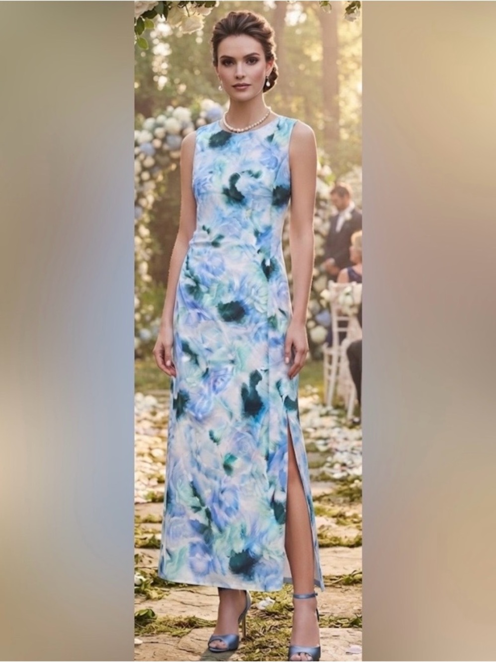 NWT Joie Sleeveless Lt Blue Floral Watercolor Midi Dress with side slit Size XL